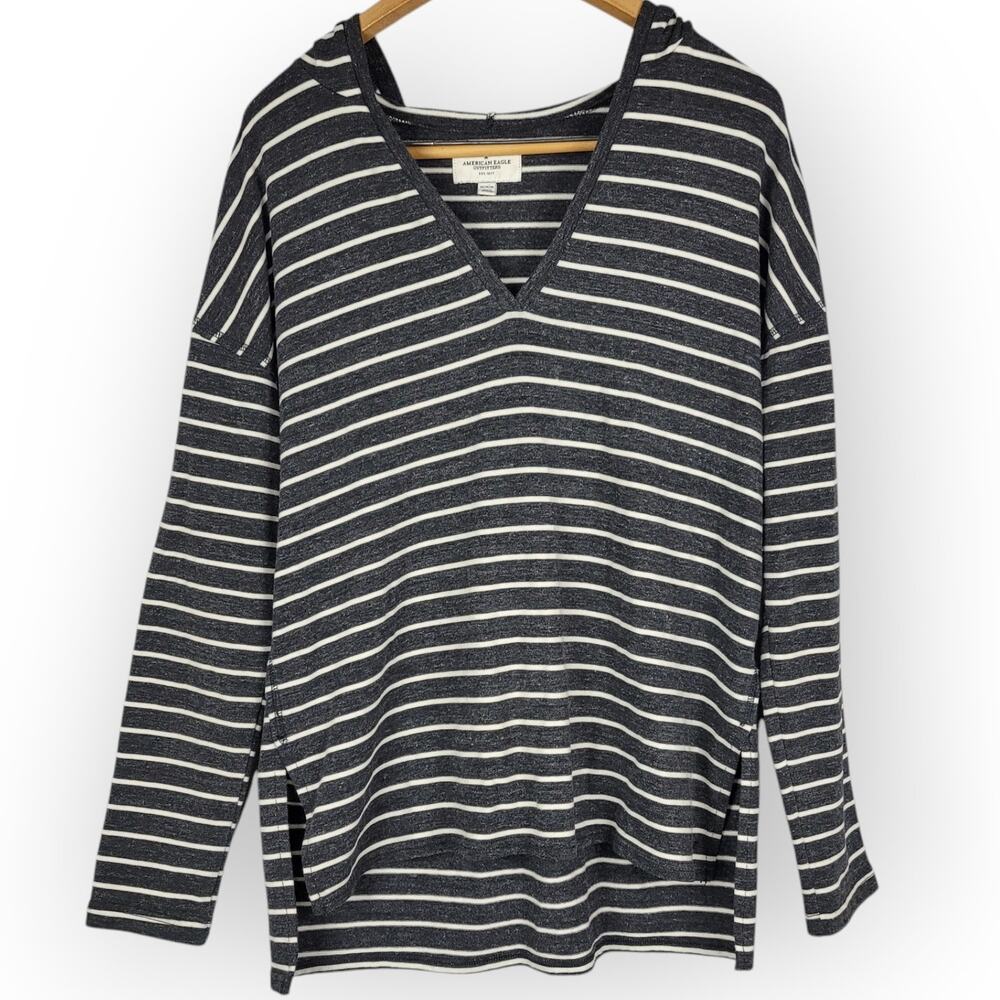 American Eagle Striped V Neck Hoodie Medium Athleisure Lounge Wear Minimalist